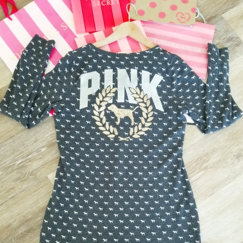 Victoria's Secret PINK Sequin Bling Puppy Dog Iconic Logo Sleepwear Pajama Crest